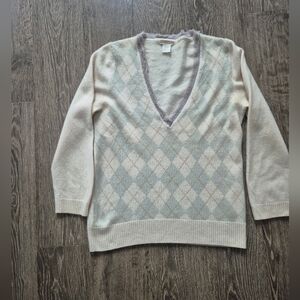 J. Crew Cream Argyle Cashmere Sweater Deep V Neck With Gray Ruffle Large L